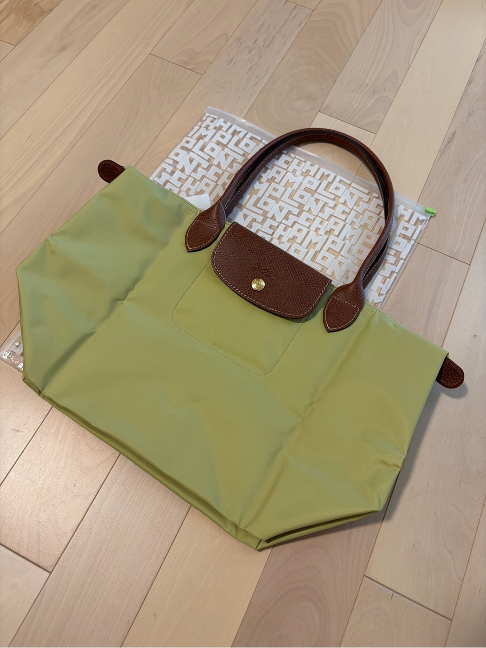 Longchamp Green Avocado Shoulder Bag with Brown Trim